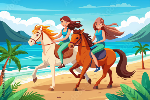 Two pretty girls riding horses along a sandy coastline, enjoying sunny beach scenery, dynamic equestrian activity, and a Pacific Ocean background depicting a youthful outdoor lifestyle.