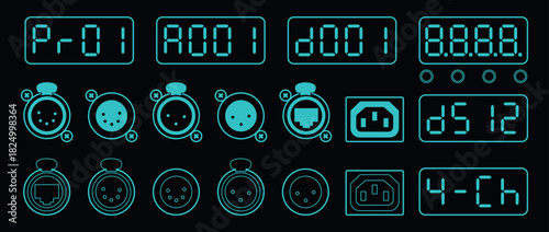 Blueprint-style UI icons set showing DMX displays, XLR and Ethernet connectors, power sockets, and control indicators in a neon-blue outline on a dark background.