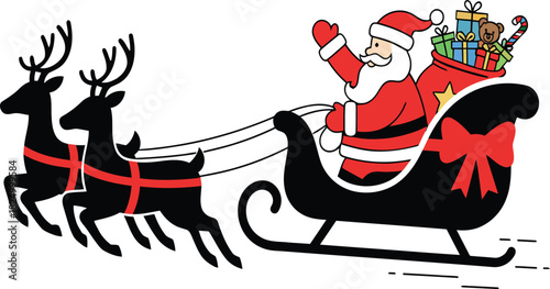 Santa Claus Riding Sleigh Pulled By Two Reindeer With Gifts christmas