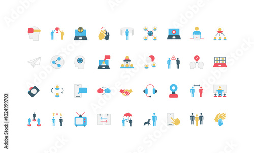 A diverse set of flat icons illustrating various communication methods and concepts, including digital, interpersonal, and virtual interactions, designed in a minimalist style vector illustration