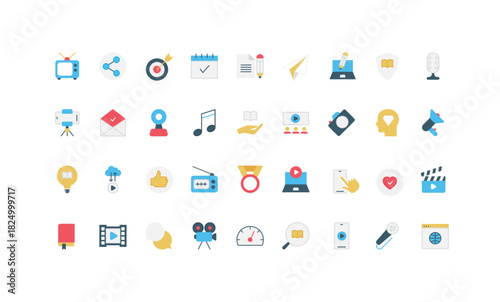 Digital media content creation, music and article text of story, creators tools and equipment color icon set. Advertising blog campaign, video film, music and radio, book flat vector illustration