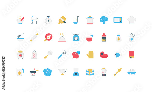 Kitchen tools and electric household appliances, ingredients to cook food color icon set. Cooker hat and bakers apron, chefs instruction book and scales, cooking process flat vector illustration