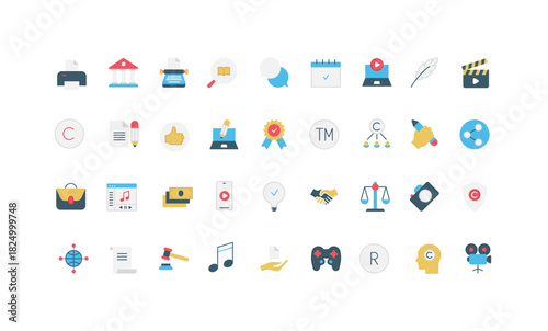Intellectual property, brand trademark and copyright, license protection color icon set. Legal documents and guarantee, patent protect ownerships rights to content, creativity flat vector illustration