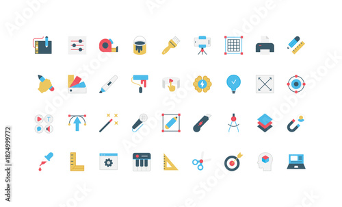 Authors creative tools for creation process of digital multimedia content, stationery color icon set. Brush and paints, scissors and ruler, video and sound editor, vision flat vector illustration