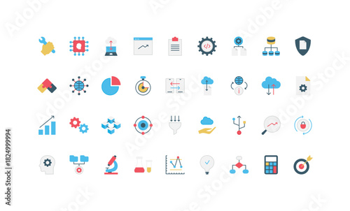 Data science with artificial intelligence, blockchain clusters and algorithms color icon set. Machine learning, server and folder network technical support by engineer flat vector illustration
