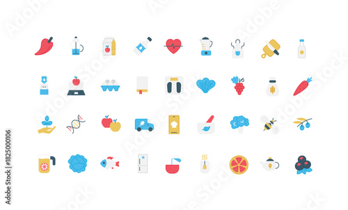 Diet food, vitamin and eco nutrition, herbal tea for body health and detox color icon set. Organic vegetables and fruits, fish and eggs from agriculture market, yogurt flat vector illustration