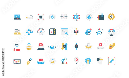 Digital innovation and automation with AI, new product development, optimization color icon set. Focus on digitalization and invention in medicine, payment, robot and drone flat vector illustration