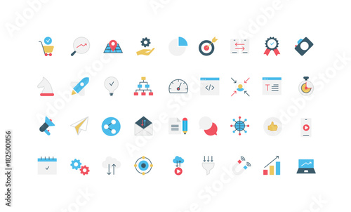 Digital marketing, SEO research and business solution, social media and blog content color icon set. Email and newsletter, chat with customers and likes, sales funnel flat vector illustration