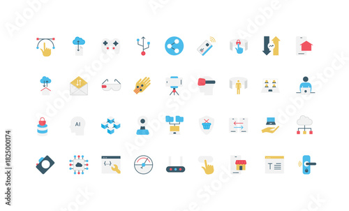 Digital technology and AI for file exchange and graphic design, online shopping color icon set. Virtual reality and smart home sensor, cyber protection, cloud computing flat vector illustration