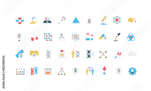 Genetic research and human DNA test, chromosomes and genes structure, modification color icon set. Scientific articles, books and animal experiments to develop genetics flat vector illustration