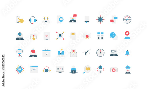 Elearning, online school and course, digital education platform, knowledge color icon set. Online class of academy, university lessons and certificate, learning process flat vector illustration