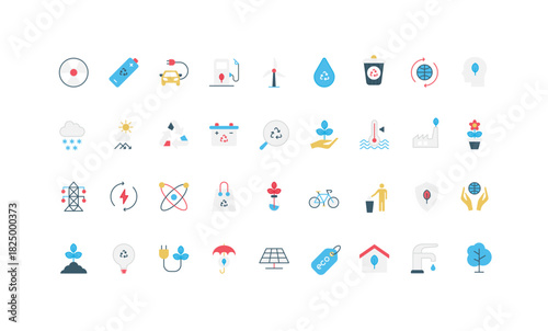 Ecology and environment protection, eco mindset, technology to recycle waste, power battery color icon set. Nature conservation, renewable energy production, water consumption flat vector illustration
