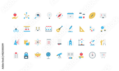 School and college education, science learning and knowledge, lecture of teacher, online class color icon set. Graduation hat, backpack and ruler, book, telescope of student flat vector illustration