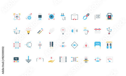Electronic components, computer parts, electrical circuit diagram, electrician device color icon set. Semiconductor and LED lamp, battery and diode, multimeter, transformer flat vector illustration