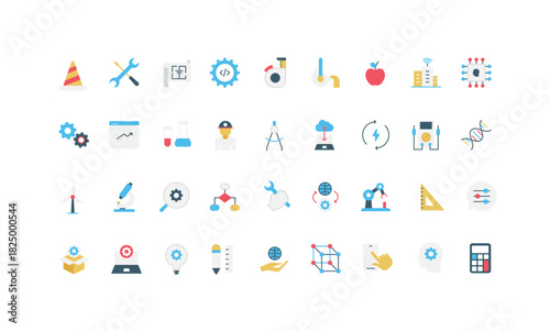 Engineering, engineers and workers equipment, architects blueprint, process and plan color icon set. Factory robot and energy, support and settings of software, gears flat vector illustration