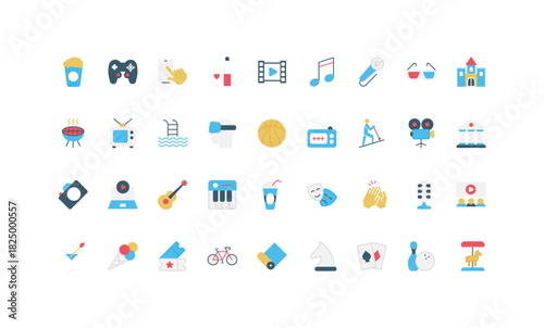 Entertainment, music and cinema, amusement park with carousel, karaoke and bike ride color icon set. Movie and theatre tickets, poker and wine, bowling, TV and video games flat vector illustration