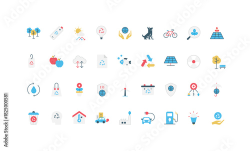 Protection of environment, nature and ecology through eco recycle and reuse technology color icon set. Save Earth, forest conservation and renewable power, green energy flat vector illustration