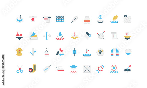 Fabric properties, protective feature of natural and synthetic material, textile industry color icon set. Craft wool and cotton, leather and feather, bamboo yarn for clothes flat vector illustration