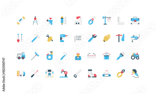 Industrial equipment, mechanic tools of construction worker, technicians toolbox color icon set. Assembly line and manufacture machine, instrument, safety and repair gear flat vector illustration