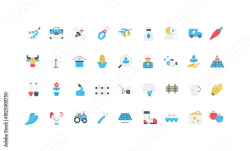 Livestock farm, agriculture field for growing vegetables and fruits, farmers equipment and tools color icon set. Organic products planting, horticulture, delivery to market flat vector illustration