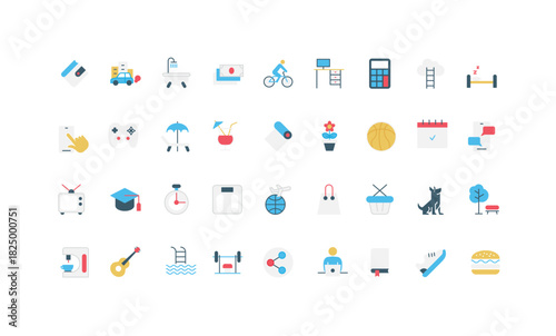 Daily life activity and routine planning, working hours on weekday and weekend leisure color icon set. Shopping and training in gym, workplace and entertainment, sleep flat vector illustration