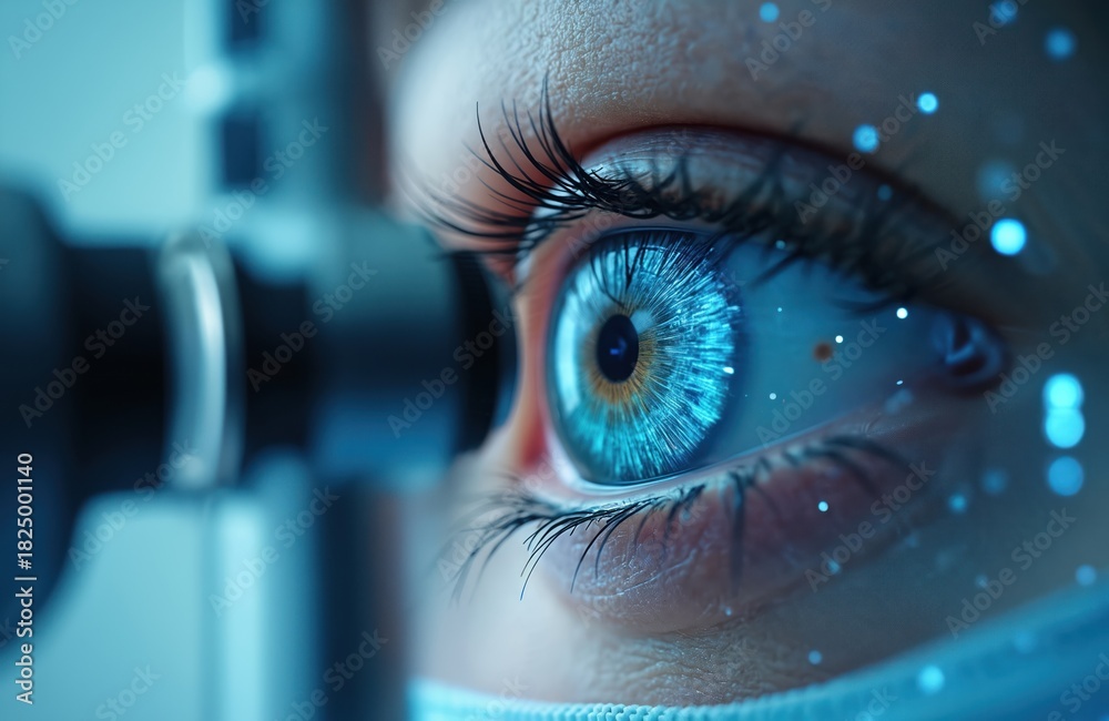 Naklejka premium Close up photo of human eye during examination. Eye doctor checks patient vision using medical device. Ophthalmology and eyecare concept. Optical health and medical treatment