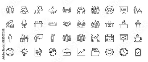 Business and office management line icon set. Vector pictograms of meeting, handshake, calendar, workflow, and idea, thin linear illustration.