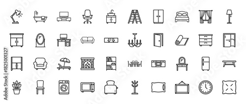 Home furniture and appliance line icon set. Vector pictograms of chairs, beds, dressers, appliances, and decor, thin linear illustration.
