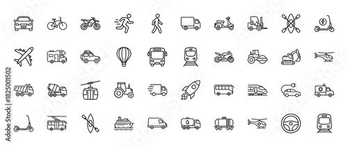 Transportation line icon set. Vector pictograms of car, airplane, bus, truck, train, scooter, and excavator, thin linear illustration.