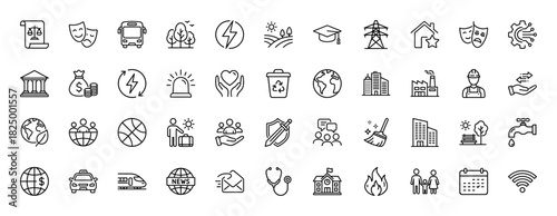 Public service and city infrastructure line icon set. Vector pictograms of education, transport, energy, justice, government, and finance, thin linear illustration.