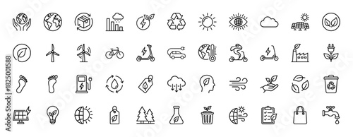 Ecology and environmental protection line icon set. Vector pictograms of wind power, solar panel, electric car, and recycling, thin linear illustration.