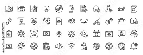 Settings and configuration line icon set. Vector pictograms of gear, maintenance, management, tools, optimization, support, customization, thin linear illustration.
