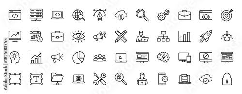 Business and technology line icon set. Vector pictograms of settings, data, coding, and development concepts, thin linear illustration.