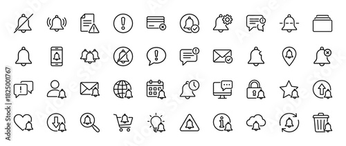 Application and interface notification line icon set. Vector pictograms of alarm, message, cart, warning, and download, thin linear illustration.