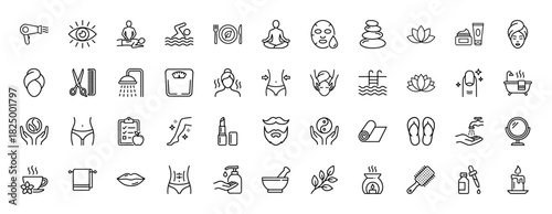 Beauty and wellness line icon set. Vector pictograms of massage, yoga, spa, swimming, and cosmetic products, thin linear illustration.