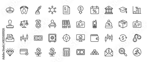 Finance, law, and business line icon set. Vector pictograms of police cap, contract, scales of justice, wallet, and calculator, thin linear illustration.