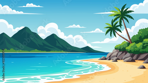 Beautiful summer vacation landscape featuring a sandy beach, clear sea, and lush green mountains in a flat cartoon vector illustration style