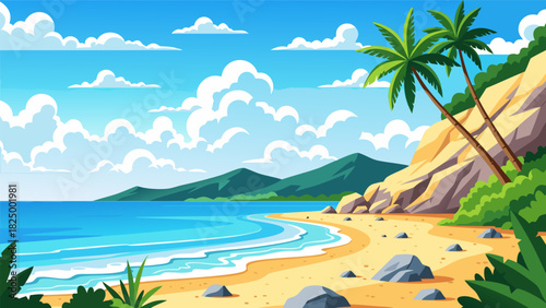 Tropical Paradise Serene Beach Scene with Palm Trees, Turquoise Water, and Sunny Skies