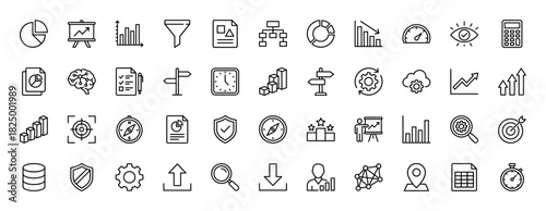 Business and data analysis line icon set. Vector pictograms of charts, gear, target, and security shield, thin linear illustration.