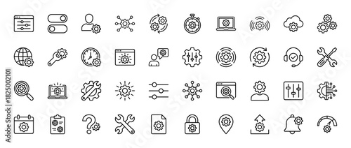 Technology and engineering line icon set. Vector pictograms of settings, optimization, cogwheels, and technical support, thin linear illustration.