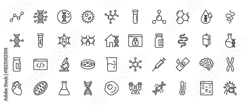 Biological and medical science line icon set. Vector pictograms of dna, viruses, microscope, beaker, and brain, thin linear illustration.