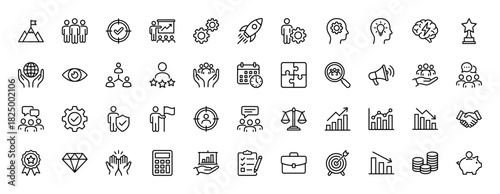 Business management line icon set. Vector pictograms of team, target, rocket, handshake, chart, gear, brain, trophy, briefcase, calculator, thin linear illustration.