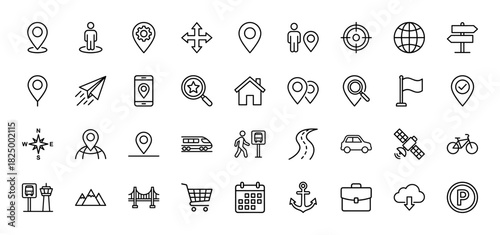 Navigation and location line icon set. Vector pictograms of map pin, compass, vehicle, satellite, route, globe and transportation symbols, thin linear illustration.
