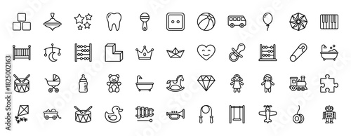 Childhood and baby goods line icon set. Vector pictograms of crib, rattle, pacifier, abacus, and tricycle, thin linear illustration.