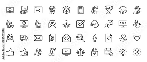 Quality assurance and satisfaction line icon set. vector pictograms of checklist, award, customer service, and delivery truck, thin linear illustration.