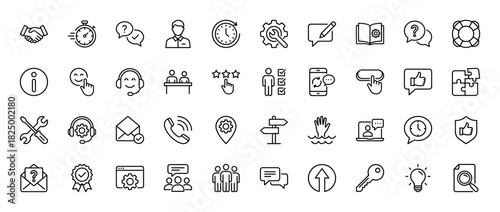 Customer service and support line icon set. Vector pictograms of feedback, information, settings, handshake, and assistance, thin linear illustration.