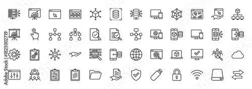 Big data and computing line icon set. Vector pictograms of server, database, analytics, security, and networking, thin linear illustration.