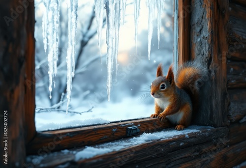 Curious Squirrel on Snowy Wooden Windowsill in Winter Frost
