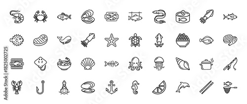 Seafood and fishing line icon set. Vector pictograms of fish, shrimp, crab, squid, clam, caviar, and tackle, thin linear illustration.