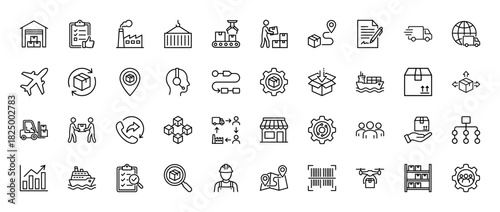 Logistics and supply chain line icon set. vector pictograms of delivery, warehouse, shipping, and packaging, thin linear illustration.